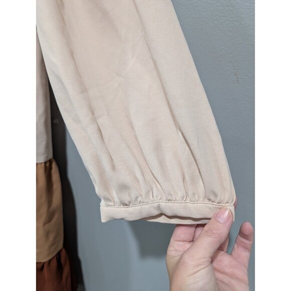 Entro Tri Color Tiered Dress Smocked Back Long Sleeve Tan Brown Boho Peasant L - Picture 7 of 16